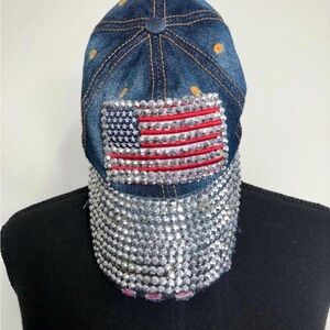 Denim Rhinestone Baseball Cap with American Flag
